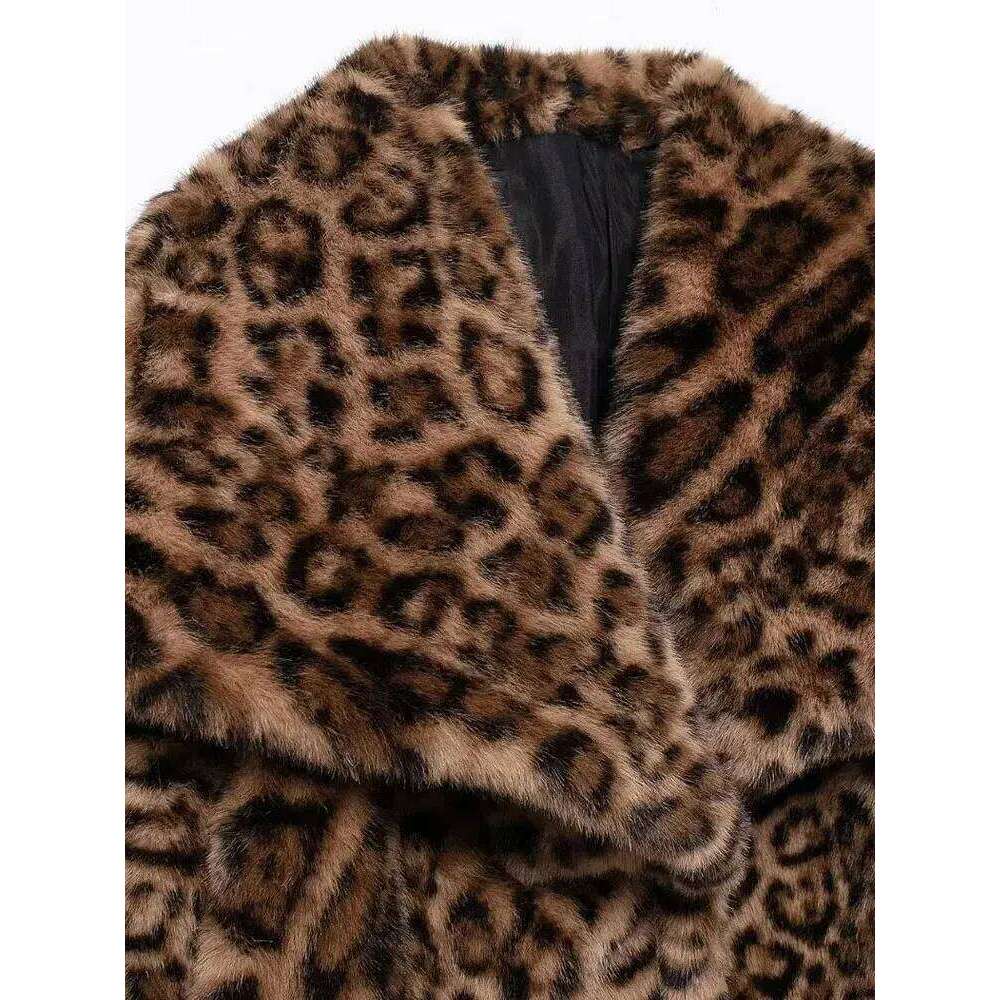 Women's Thick Warm Leopard Faux Fur Jacket, Lapel Collar Coat, Long Sleeve Female Outerwear, Chic Tops, Fashion