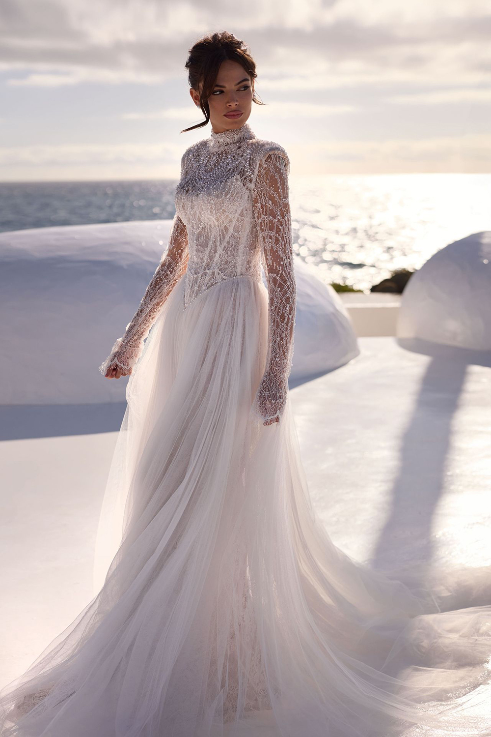 Luxury A Line Women Wedding Dress High Collar Long Sleeves Bridal Gowns Pearls Beaded Sequins Sweep Train Dress Customized vestidos de novia