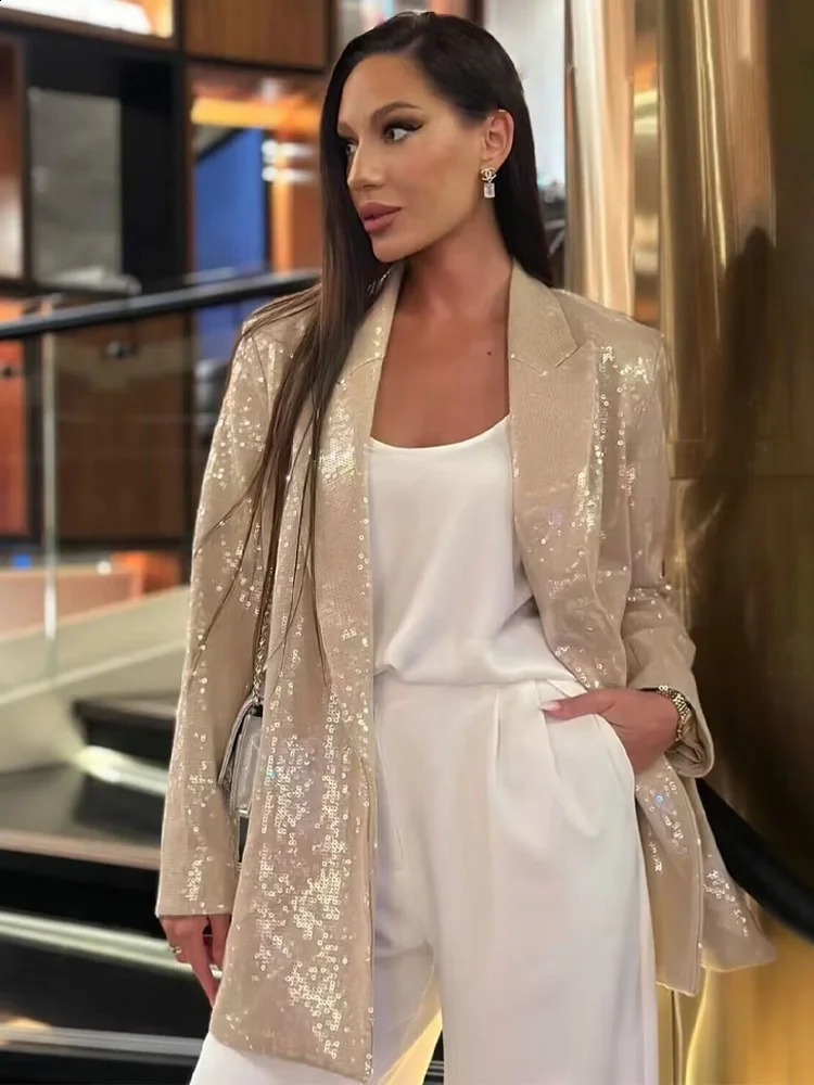 HH Women 2 Piece Suit Long Sleeves Lapel Pocket Sequins Decorate Single Breasted BlazersHigh Waist Zipper Side Pockets Pant 251023