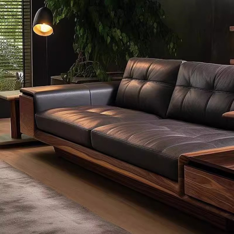 New Chinese Style Black Walnut Living Room High-End Light Solid Wood Straight Row Sofa Leather Art Large Apartment