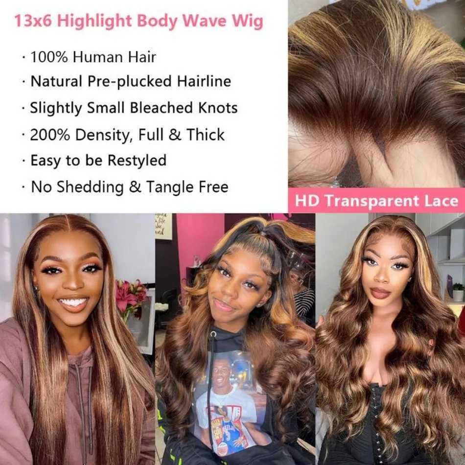 13X6 Hd Lace Frontal Wig Highlight Wig Human Hair 427 Body Wave Human Hair Wigs Brazilian Hair P1B30 Lace Front Wigs 250 Density W251023