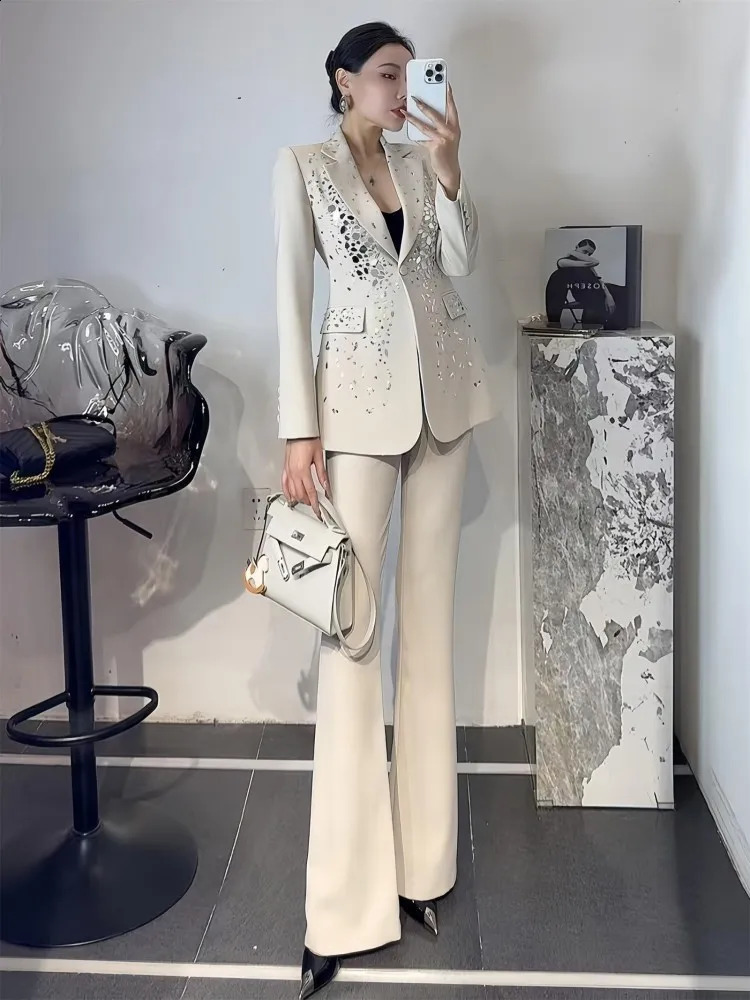 Office Ladies Work Formal Suit Elegant Long Sleeve Blazer Jacket Two Piece Set Host Fashion Sequin Floor Length Bootcut Pant 251023
