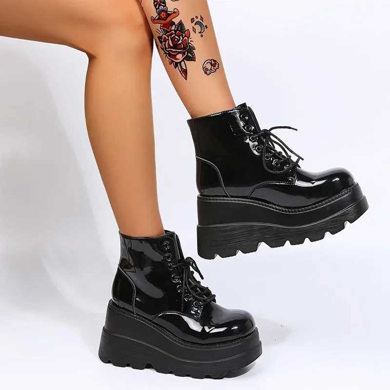Women Boots High TopThick Sole Winter Slope Heel Lace Up Ankle Boots Women Shoes Bright Black Light Bling Black Chaussure Femme W251024