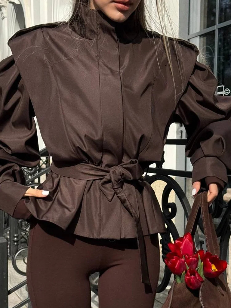 Women Broad Shoulder Belt Cropped Trench Fashion Lapel Long Sleeve Zipper Button Jacket Autumn Lady Street Windbreaker 251021