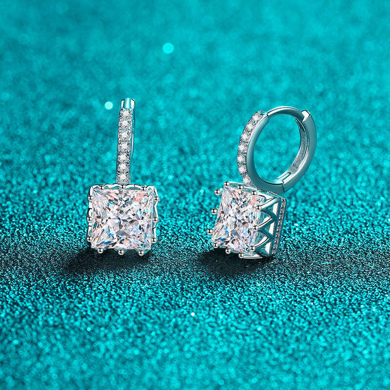 DHCollections-- Sterling Sier Earrings for Women Princess Cut Moissanite Clips Plated with PT950 Gold Ear Jewelry