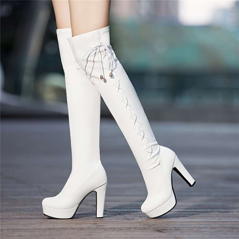 Women's Chunky Platform Knee-High - Slip-On Elastic Faux Cover Winter With Round Toe, Leg Silhouette Comfortable Rubber Sole For Casual & Ocns, F
