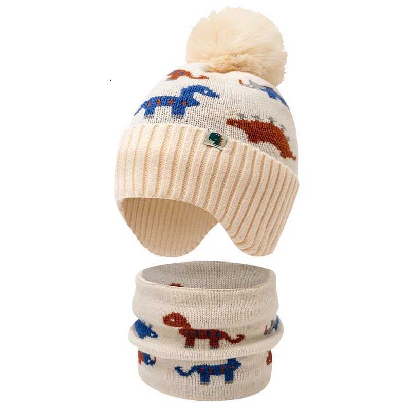 2pc312Y Childrens Little Dinosaur Knitted Cap Childrens Warm earprotecting hat Scarf Set autumn and winter hatL251024