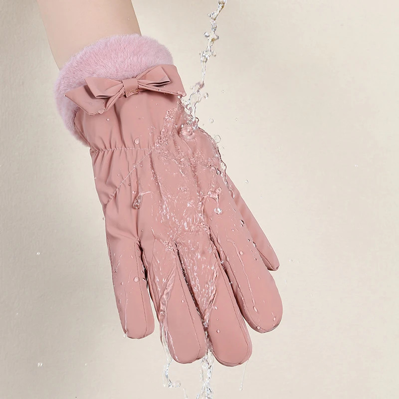 Womens Gloves Korean Bow Solid Color Fashionable Versatile Winter Warm Plush Thick Windproof Waterproof Cotton Gloves For Girl 251023