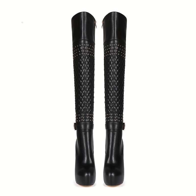 Rivet Pleated Design Black Versatile European And American Style Fashion Sexy Nightclub Height-Increasing High Quality Platform Round Toe Foot Shaping