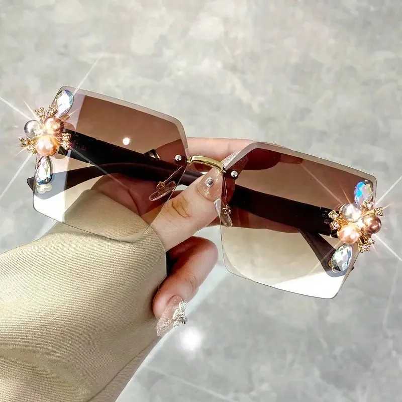 Rhinestone Decor Fashion Glasses For Women Men Casual Gradient Rimless Glasses For Summer Beach Rave PartyT251024