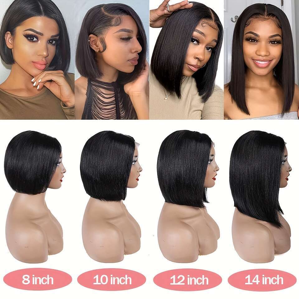 200% Density Short Bob Front Human Hair Straight Wigs For Women 13x4 HD Transparent Brazilian Lace Frontal Wig Pre Plucked Natural Black Color