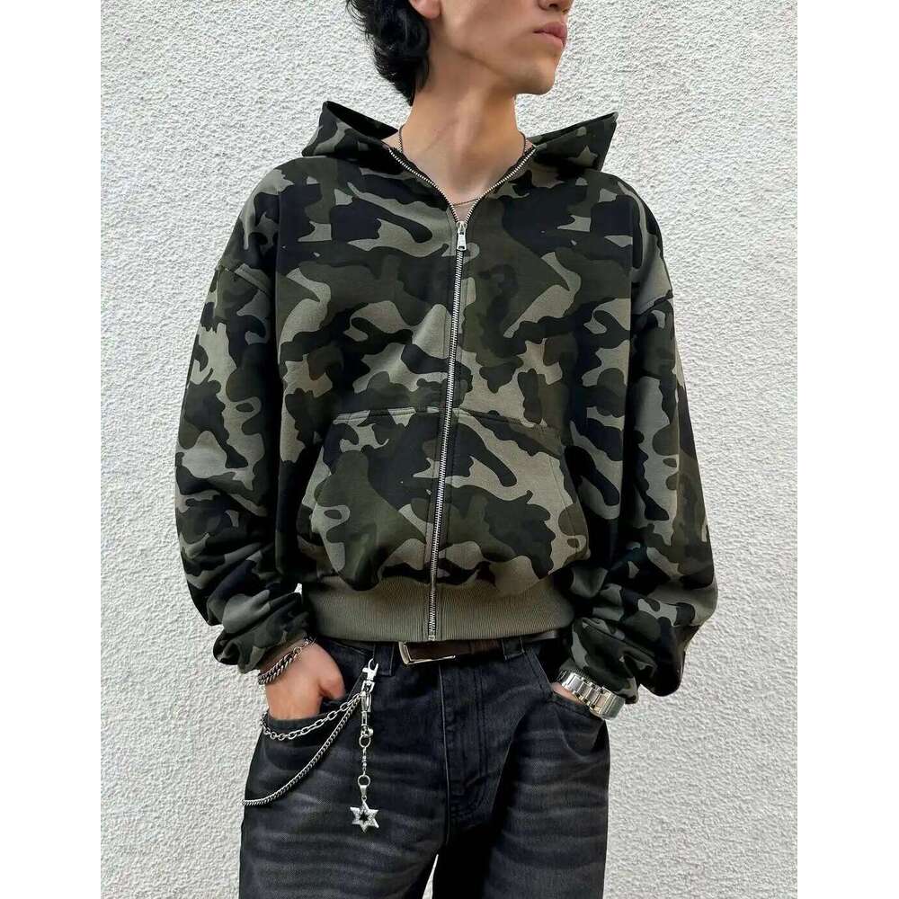 Autumn Street Style Visual Camouflage Star Pattern Zipper Hoodie Trendy Rock Simple Sweatshirt Loose Y2k New Women Top