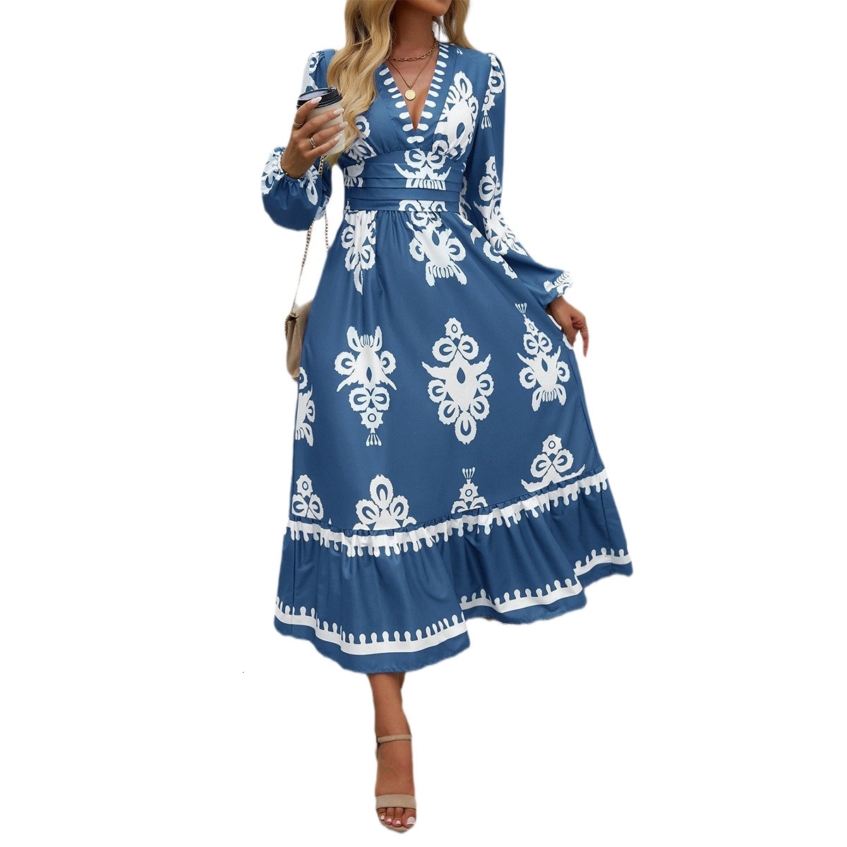 Autumn and winter new European and American designer foreign trade dress women's elegant printed V-neck A-line dress