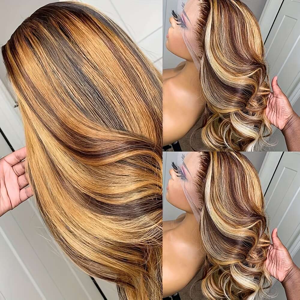225% Density Ombre Highlight Hair Wigs Glueless Front Pre Plucked Honey Blonde 13X4 HD Lace Frontal Body Wave Loose Curly Human Air Wig 4/27 Easy Wear