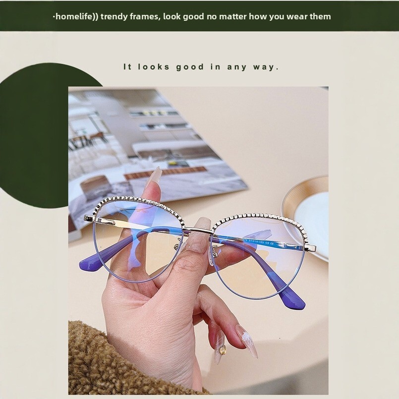 2024 New Cat Eye Large Metal Anti-Blue Light Non-Prescription Glasses Fashion Women's Eyeglass Frame 95279
