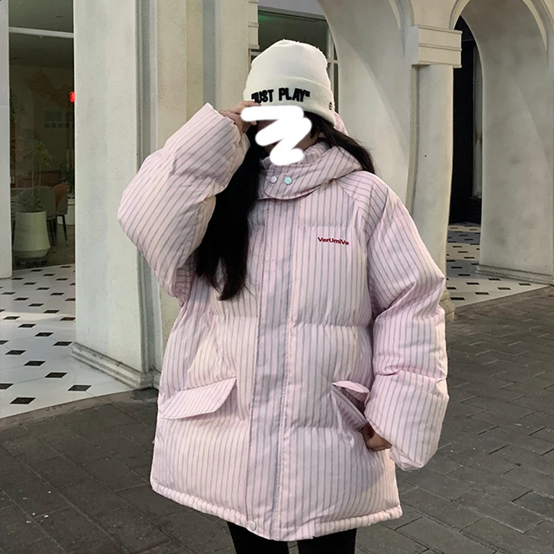 Overcoat Fashion Temperament Striped Warm Hooded Womens Quilted Cotton Coat Winter Loose Casual Women Cotton Coat H250 251023
