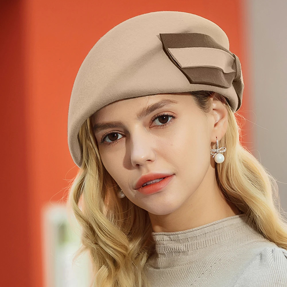 FS Black Beige Beret Cap With Bowknot Vintage Women Pillbox Hat High Quality Wool Fedoras Tea Party Dress Fascinators Hats 251023