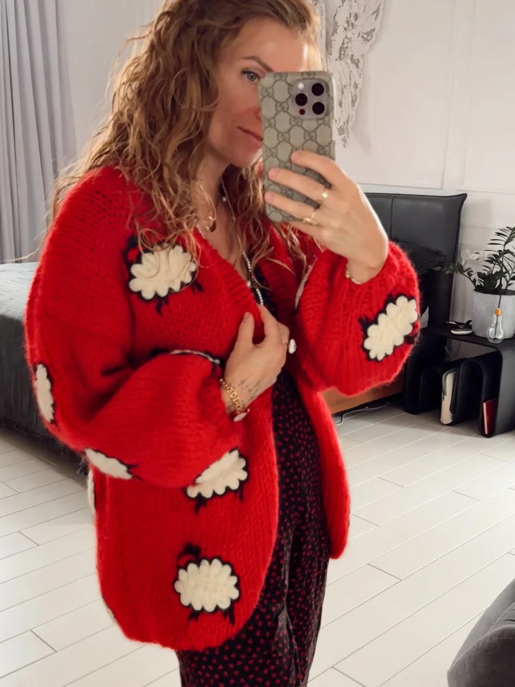 Lantern Sleeve Embroidered Sheep Loose Women Cardigan VNeck Chunky Knit 2025 Autumn Playful Cute Coat Causal Chic Lady Sweater 251013