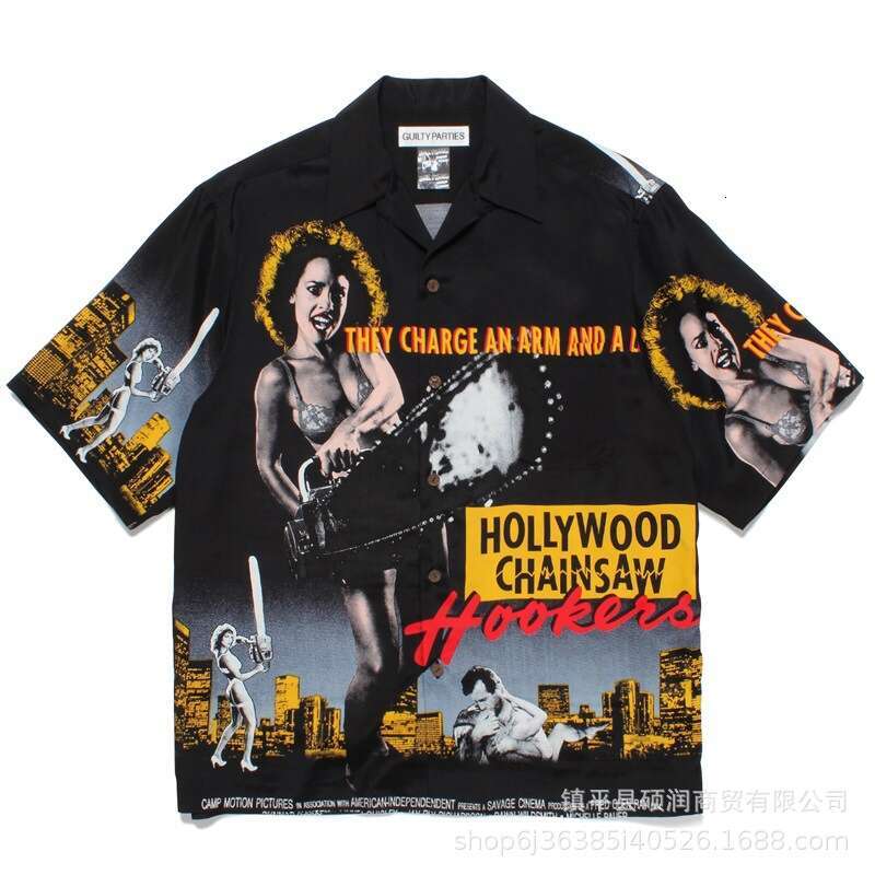 Trendy Street Style Chainsaw Man Pattern Print Unisex Cuban Collar Hawaiian Short Sleeve Shirt