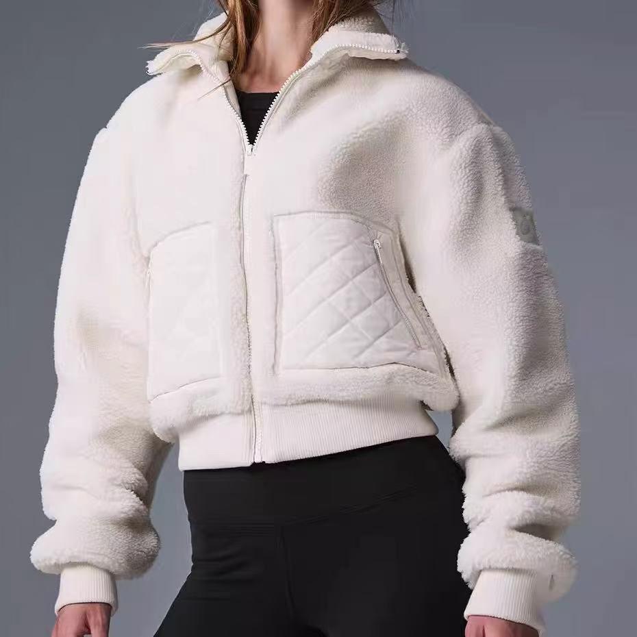 New designer womens Autumn and winter brown lambhair hooded short jacket thick and warm sporty and casual stand up collar zipper aloliness jacket top sports