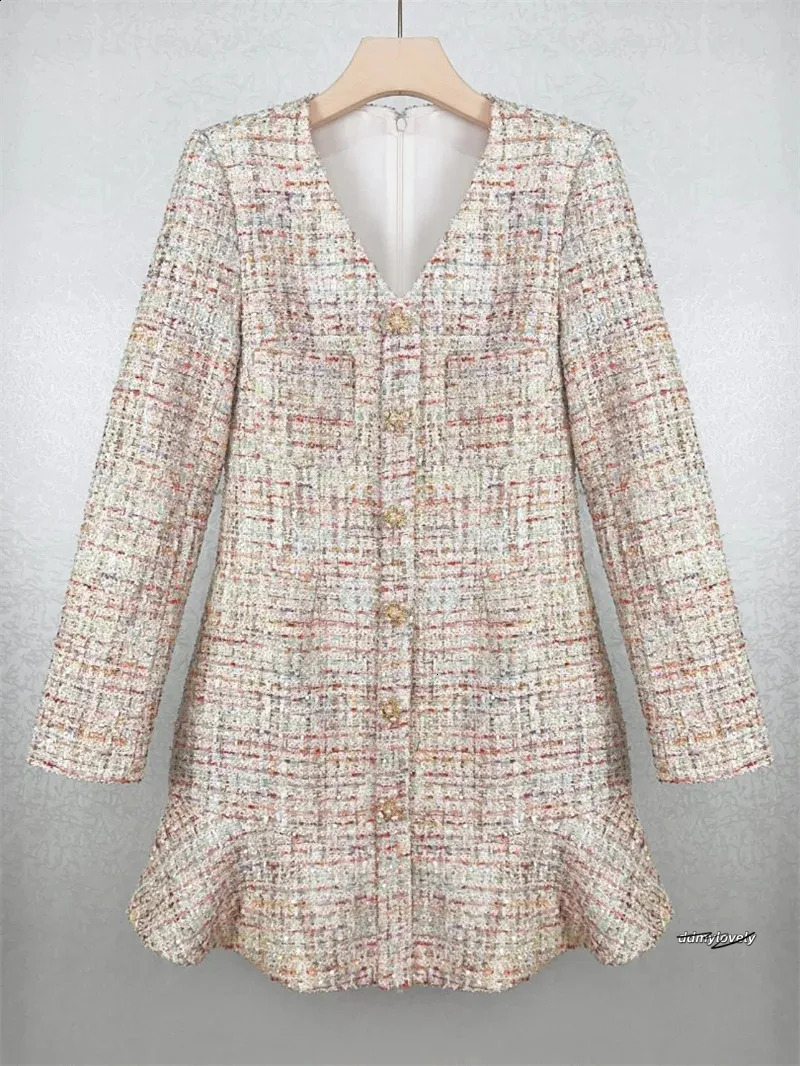 Dresses Women, Women's Tweed Mini - Elegant V-Neck Long Sleeve A-Line Ruffle Hem Short Dress For Autumn Fashion Ddmylovely