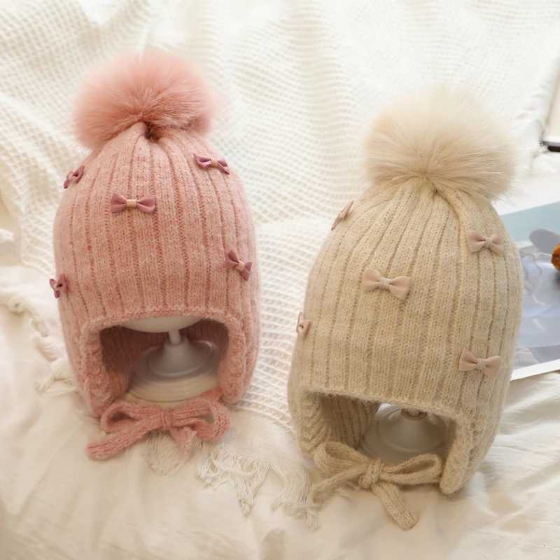 Princess Children Winter Hat for Girls Pompom Bows Kids Bonnet Hat Warm Ears Thicken Children Girl Cap Faux Fur Ball 26YL251024