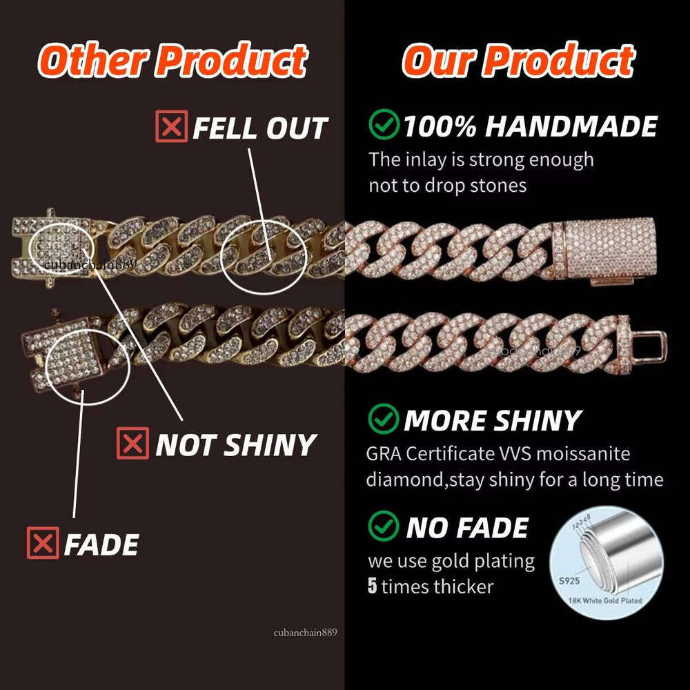 Designer necklace Hip hop jewelry bracelet necklace20mm Cuban VVS Fine Jewelry Necklace Men's Two-tone Sier Charm Silicon Stone Chain
