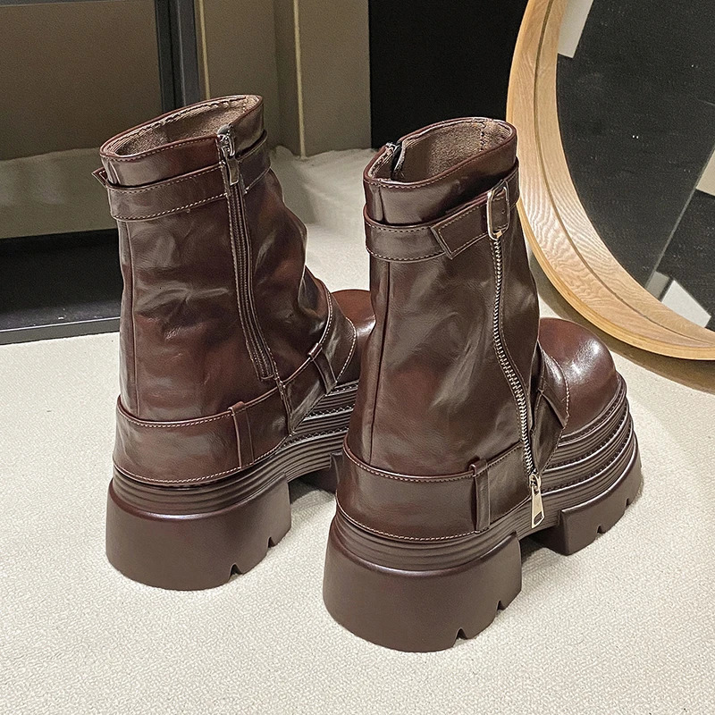 Womens Autumn Winter Leather Ankle Boots 10CM Heels Chunky Platform Combat Boots Non Slip Motorcycle Shoes Woman Punk Boots 251023