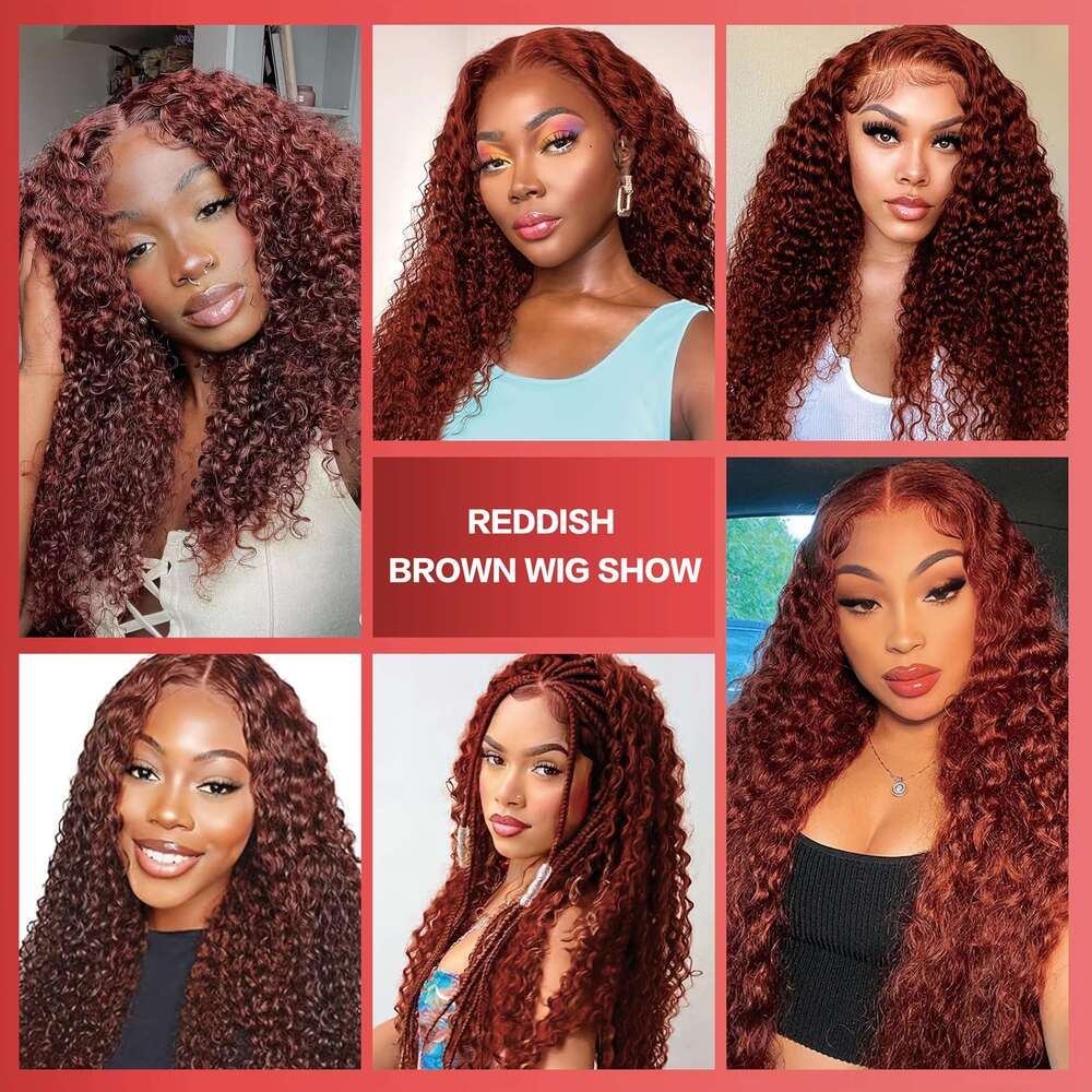 Women'S Brazilian Human Hair Glueless Wig HD Deep Wave 180% Density Red Natural Brown Base with Blonde Highlights, 5x5 Lace Front Closure, Comfor