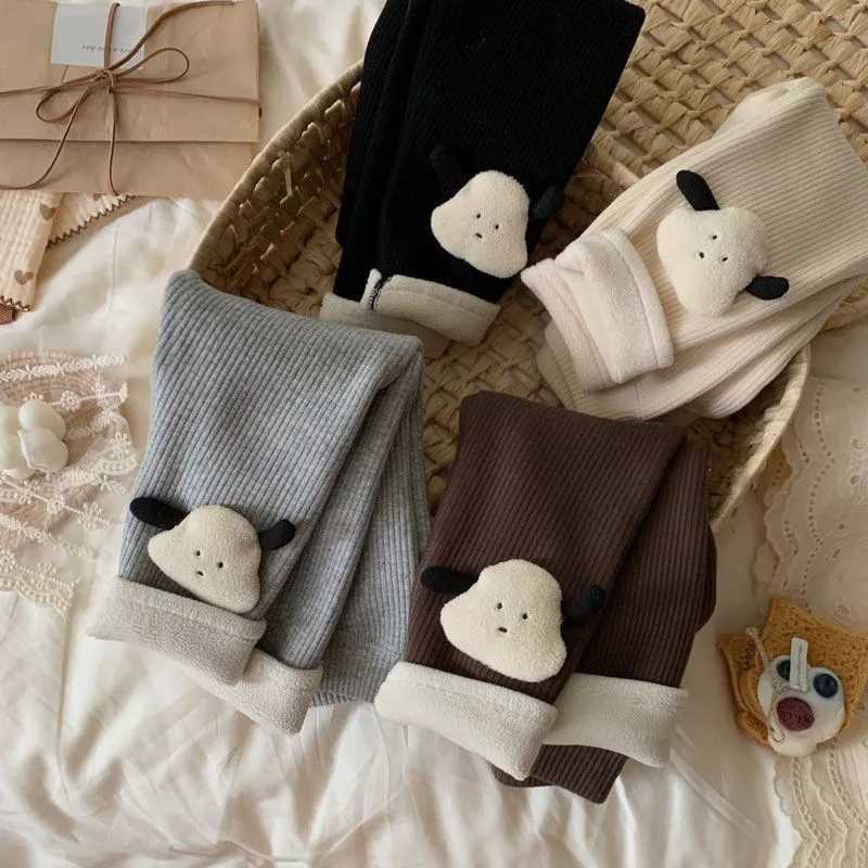 Winter Thermal Leggings for Girls 3D Cartoon Puppy Fleece Lined Pants Elastic Waist Kids TrousersT251024