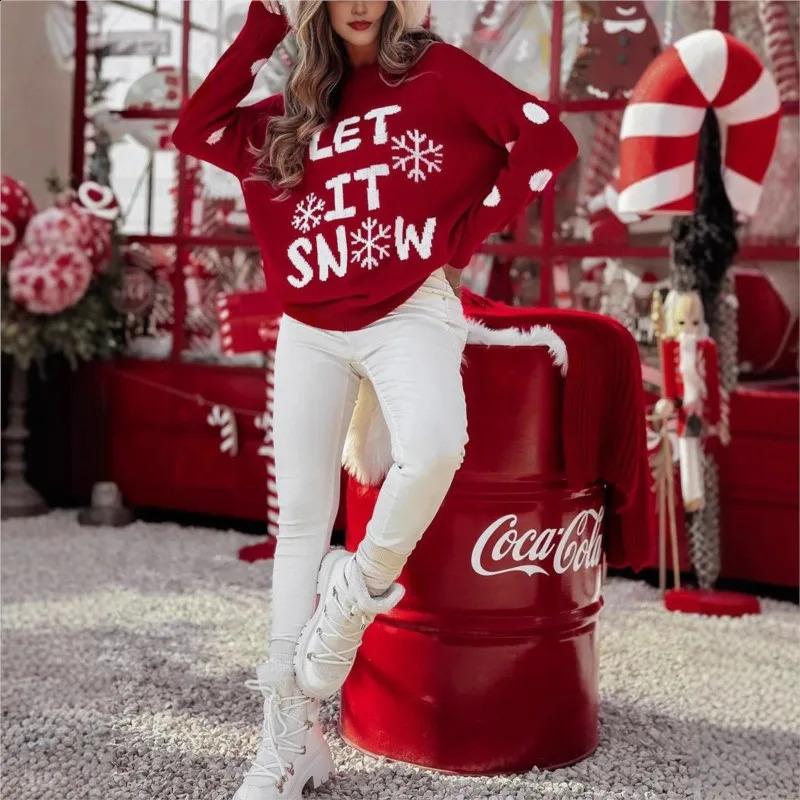 Womens Christmas Party Knitted Sweater Winter Casual Round Neck Long Sleeve Loose Pullover Fashion Letter Pattern Red Sweater 251023