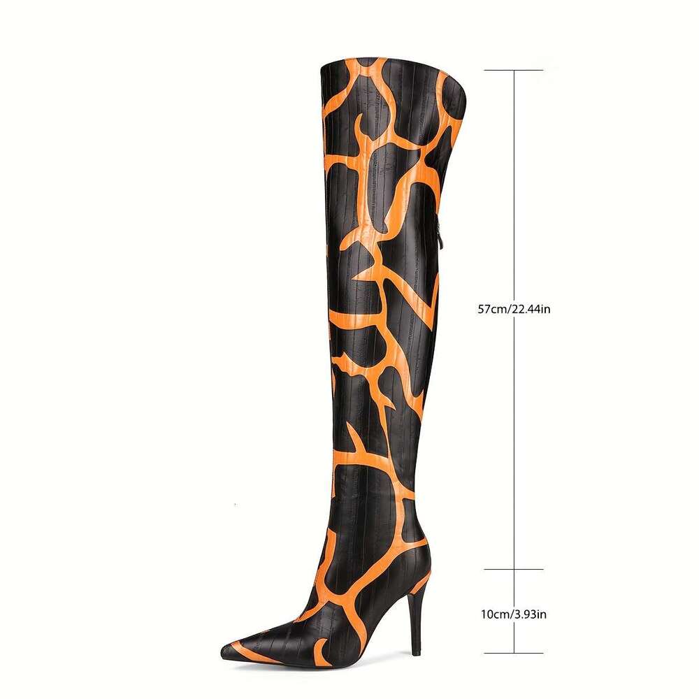 Winter Giraffe Patterned High-Heeled Women's Knee High Shoes