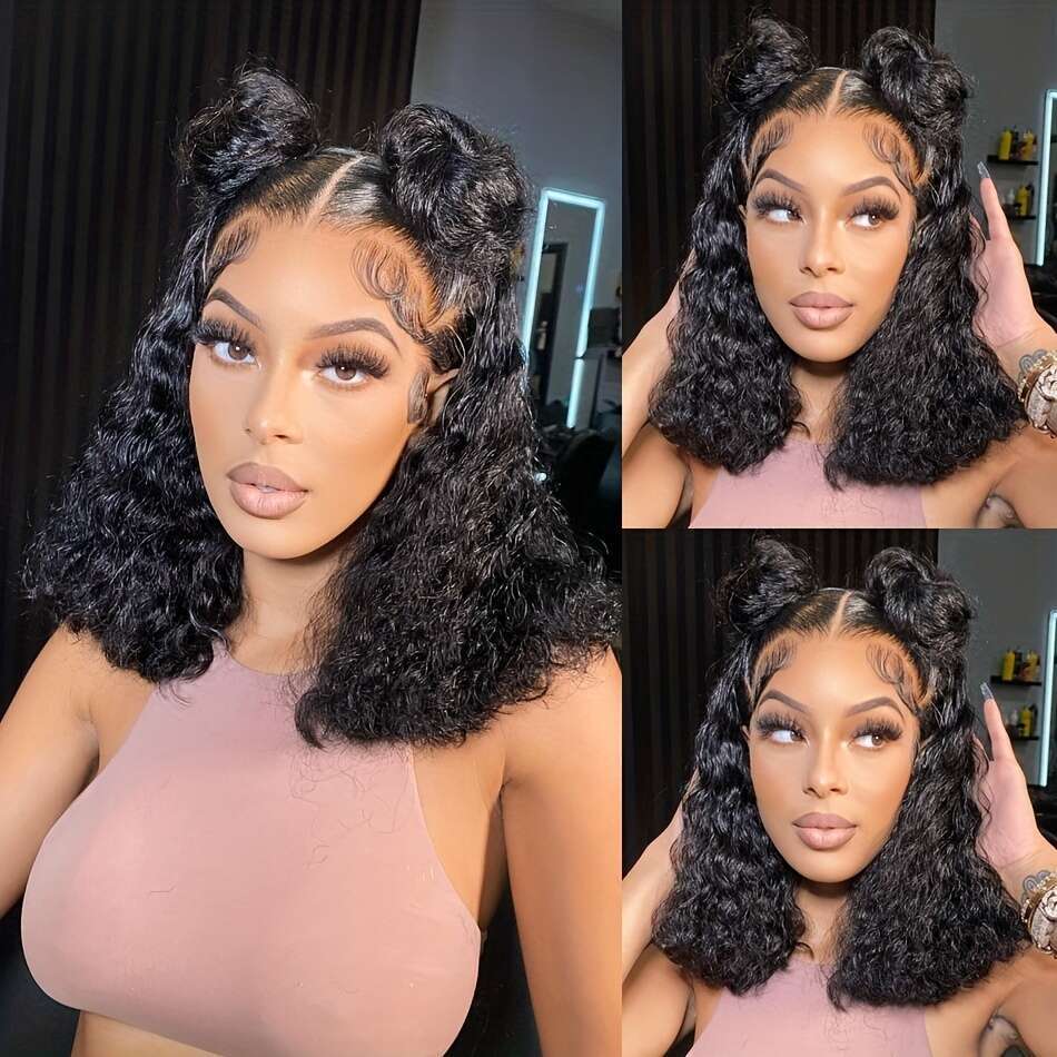 Short Curly Bob 13x4 Front Human Pre Pluck With Baby Hair Deep Frontal Wig For Women Water Wave Lace Wigs