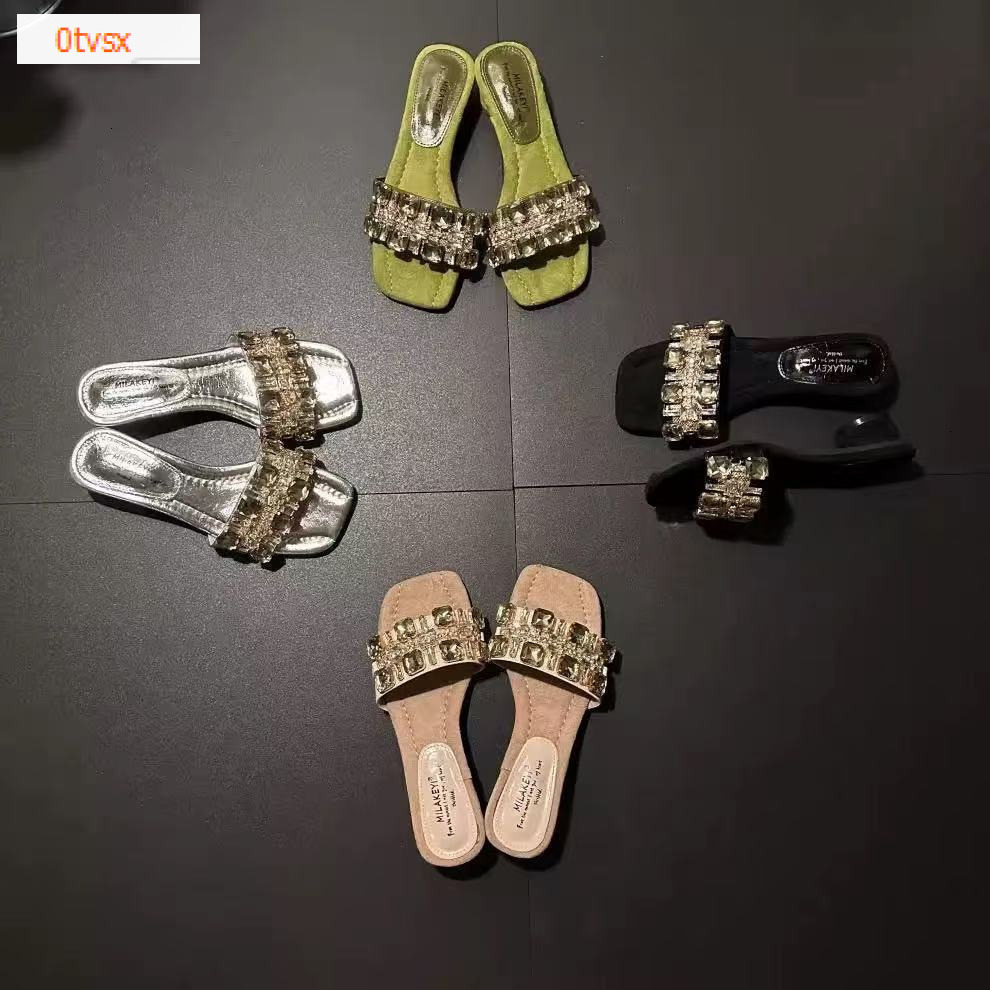 Autumn and Winter New French Sexy Style Rhinestone Square Shoes Thick Heel Versatile Style Luxury and Elegant Women's Sandals Designer Shoes