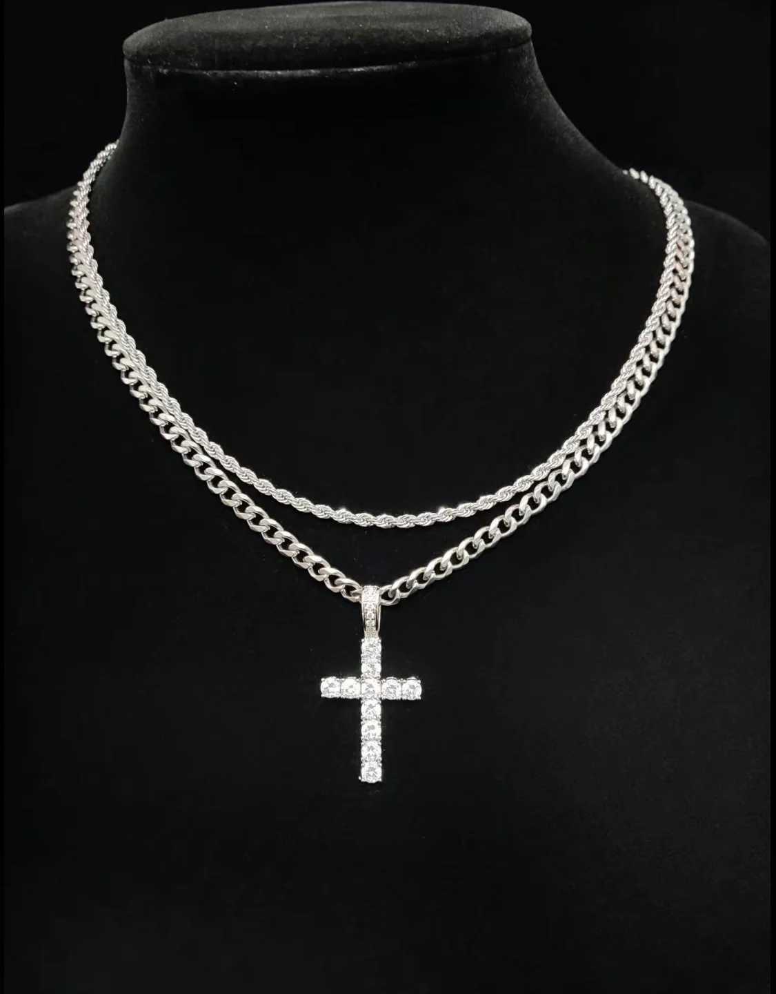 Fashionable Double Chain Set Cross Unisex 3mm Layered Cuban Chain Necklace Set Minimalist Jewellery Gift 2024 Inches GiftXJ251024