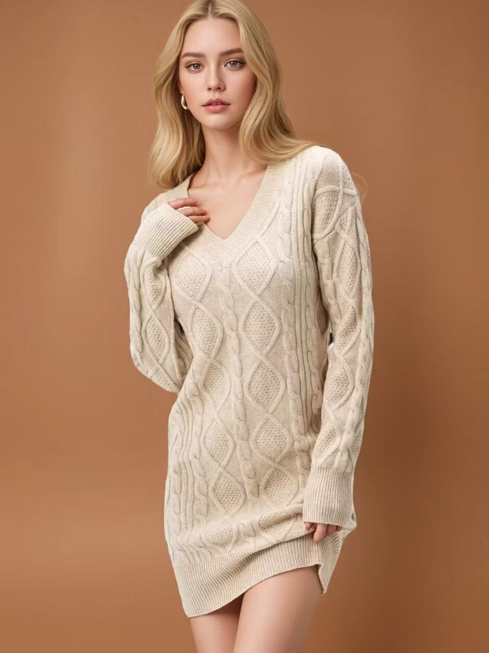 Autumn and winter new European and American designer style medium long sweater V-neck solid color knitted fashionable casual women's knitted dres