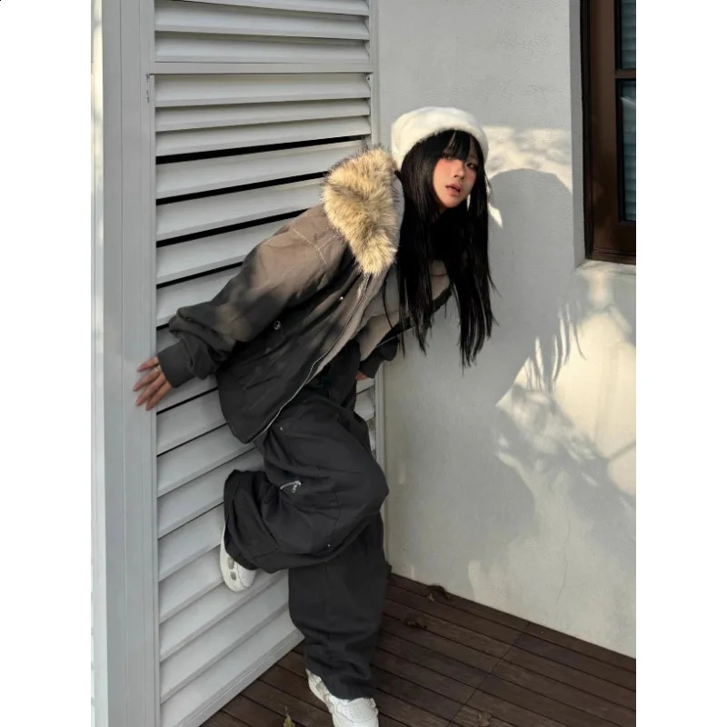 Y2k Street Vintage Warm Cardigan Loose Hoodie Women Autumn Winter Fashion Fur Collar Hat Hoodie Street Zipper Sweatshirt 251023