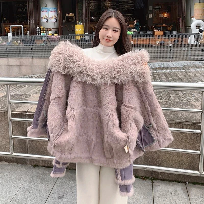 Fur Coat Women 2024Spring Autumn Fashion Sheepskin Jacket With Natural Rabbit Lining Wool Collar Elegant Fallow Clothes 251018