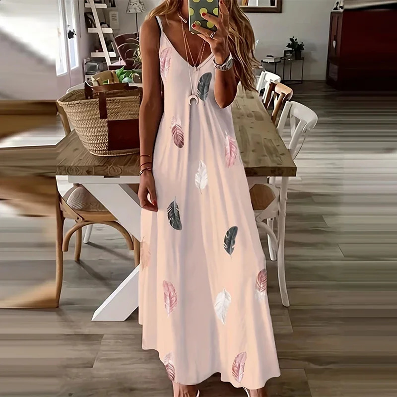 8Colour AllSeason Chic Feather Print Maxi Dress Casual VNeck Comfort Stretch Easy Care 251020