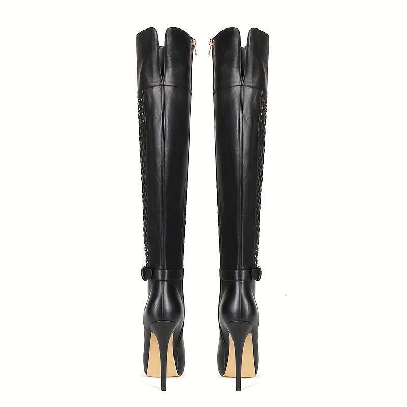 Rivet Pleated Design Black Versatile European And American Style Fashion Sexy Nightclub Height-Increasing High Quality Platform Round Toe Foot Shaping