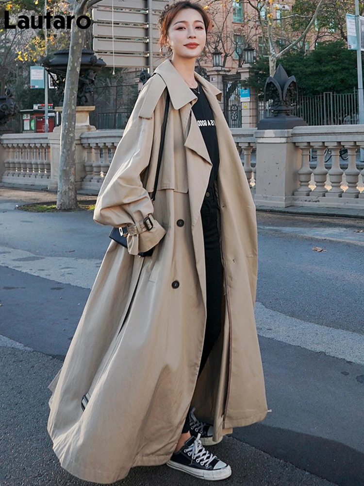 Lautaro Spring Autumn Extra Long Flowy Oversized Casual Trench Coat for Women Belt Double Breasted Loose Korean Fashion 251021