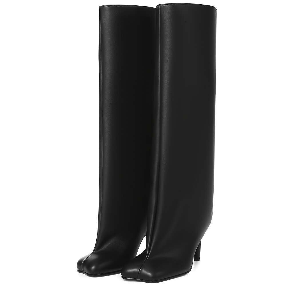 Knee High Women Square Toe Stiletto Heel Tall Wide Calf Long Heeled Slouchy Boots Winter Warm Walking Office Shoes