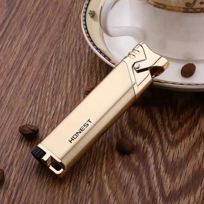 New Metal Ultra Thin Slender Jet Torch Straight Gas Charged Windproof Inflatable Butane Lighter Metal Blue Flame Fashion Gift D251024
