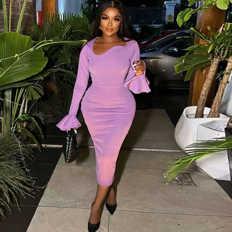 Round Neck Fashion Flared Long Sleeve Pullover Dress Solid Color Mid-Length Slit Irregular Skirt 2026 Style