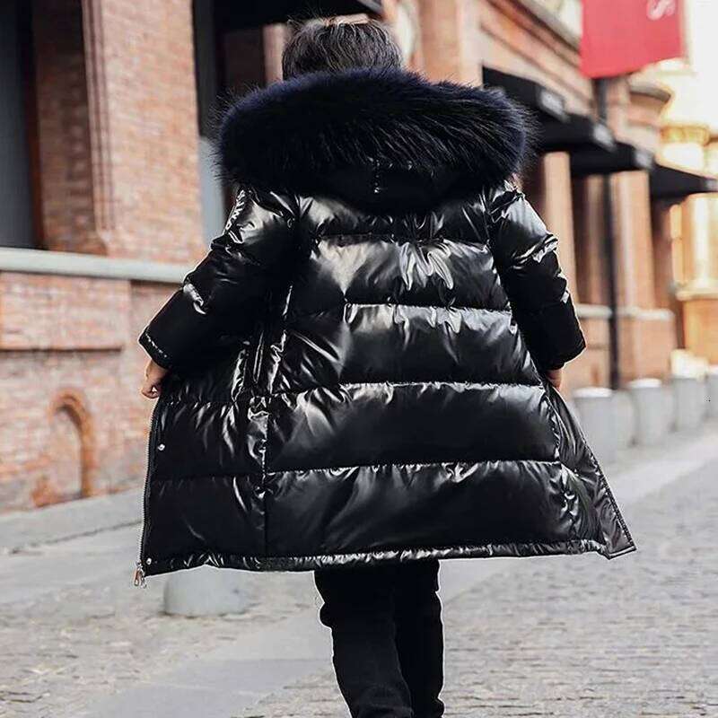 Winter Kids Down Jacket Teen Boy Girls Glossy Fabric Fur Collar Hooded Warm Parka Snowsuit Children Cotton Padded Clothing