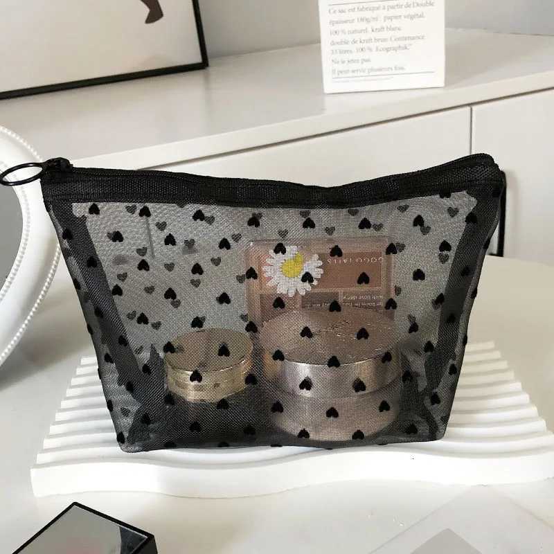 Women Cosmetic Toilet Storage Pouch Bag Ladies Toiletry Lipstick Key Coin Organizer Bags Purse Heart Transparent Mesh Makeup BagT251024