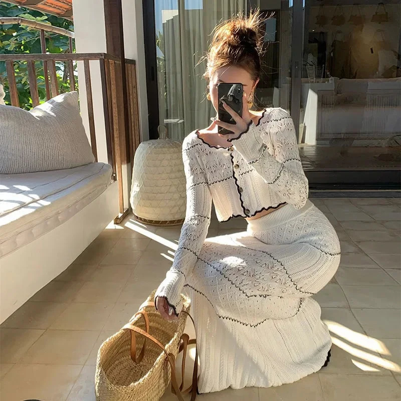 Openwork Knitted Top Skirt TwoPiece Fashion Temperament Korean Style Casual Shirt Skirt Suit 251020