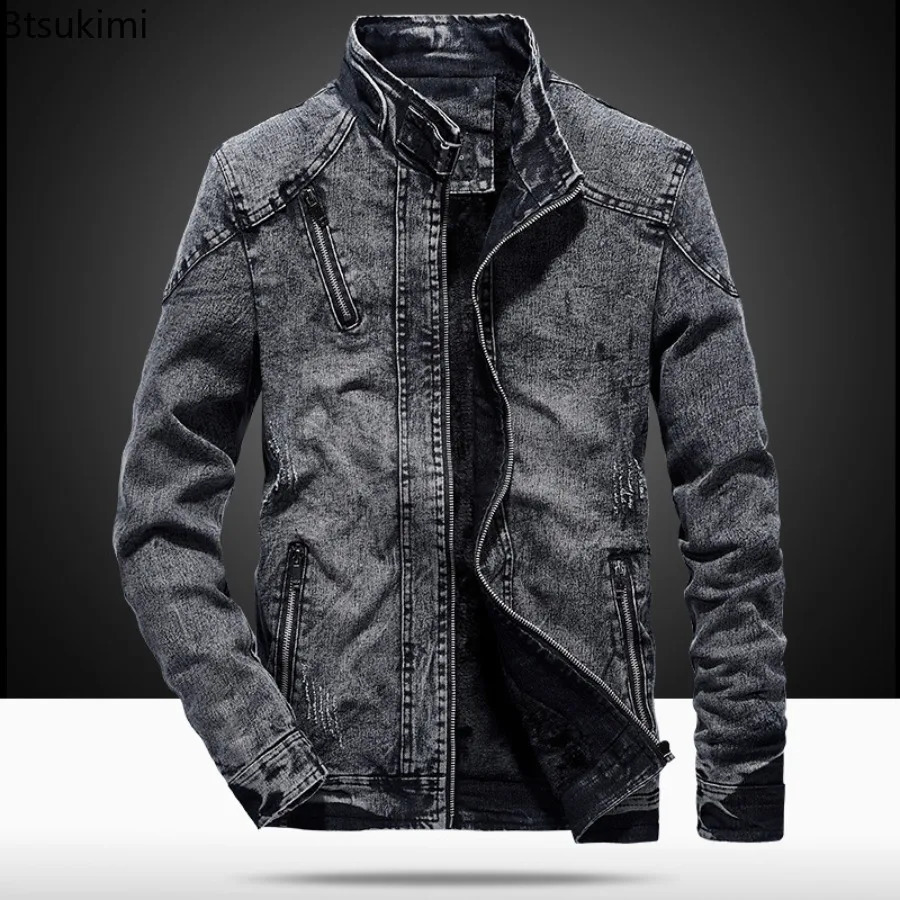 Vintage Mens Denim Jackets Fashion Stand Collar Zip Casual Jean Coats Fleece Lining Thicked Warm Autumn Winter Men Clothing 251017