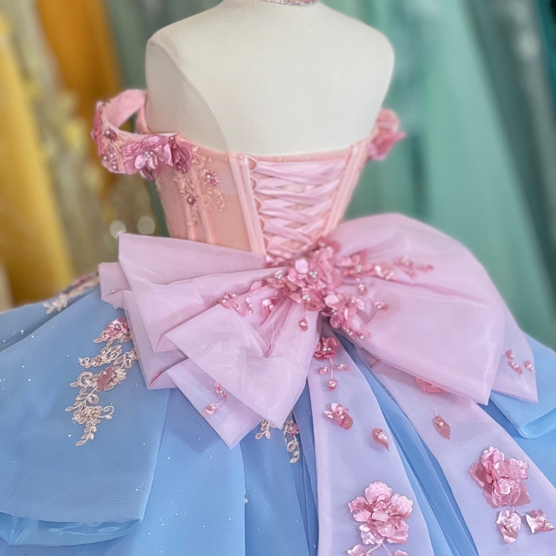 Sky Blue Shiny Quinceanera Dresses Ball Gown Off The Shoulder Applique Flower Beading Crystal Bow Tull Party Birthday Sweet 16 Dress Vestidos 15 De An