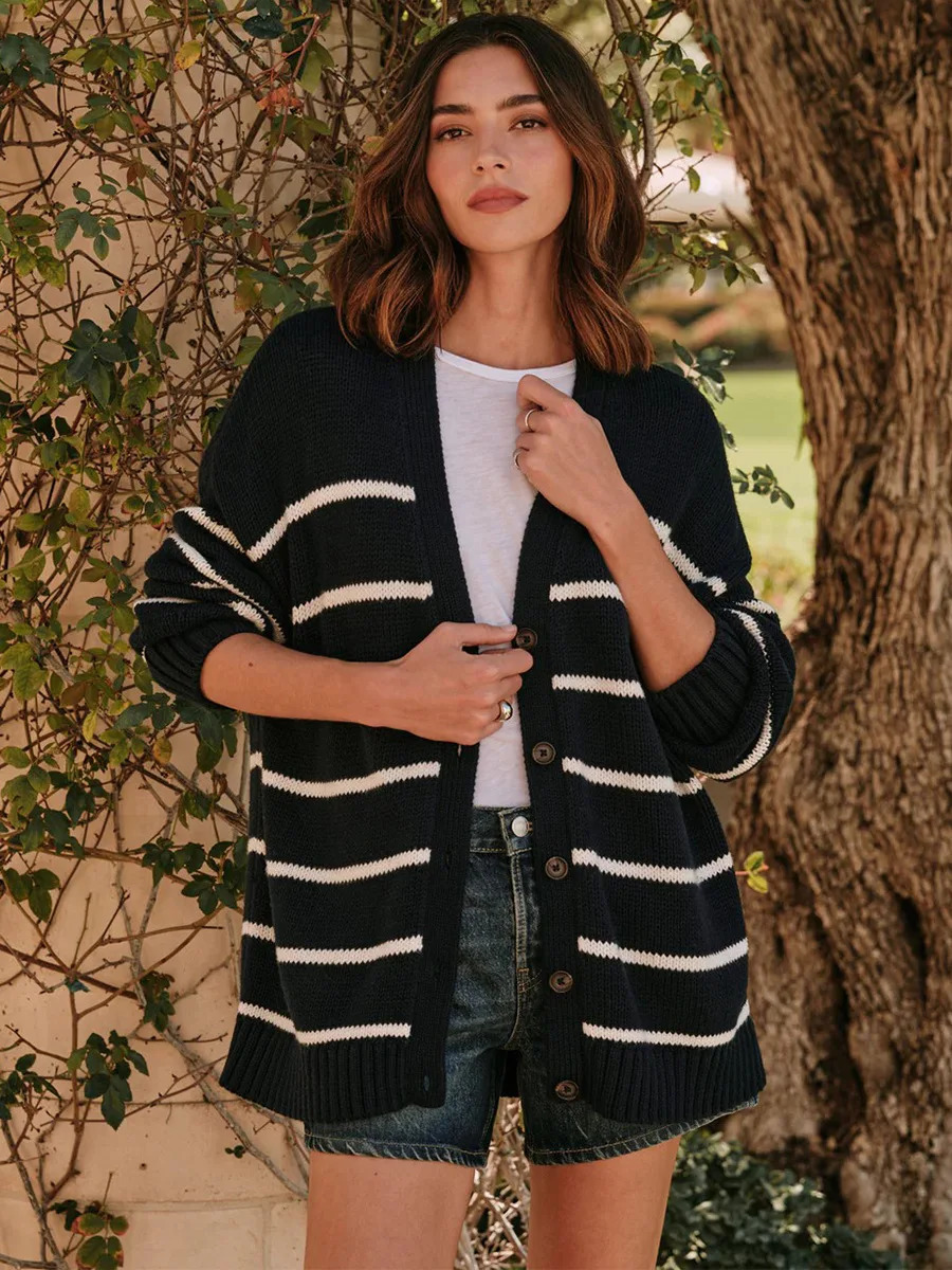 Bornladies Autumn Winter Womens Striped Knit Cardigan V Neck Cotton Thickened Warm Loose Fit Female Sweater Top 251013